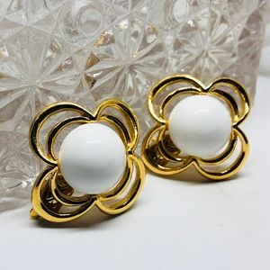 Vintage Trifari TM White and Gold Earrings